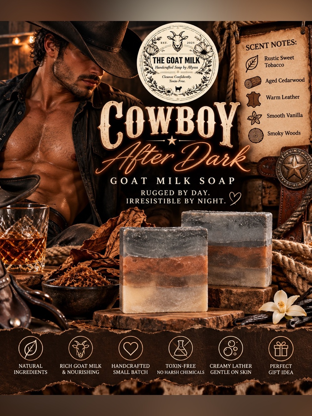 Cowboy After Dark Goat Milk Soap Handcrafted bar